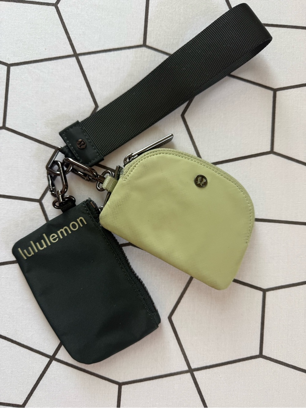 Lululemon Dual Pouch Wristlet Wallet in Lime and Green with dark green strap